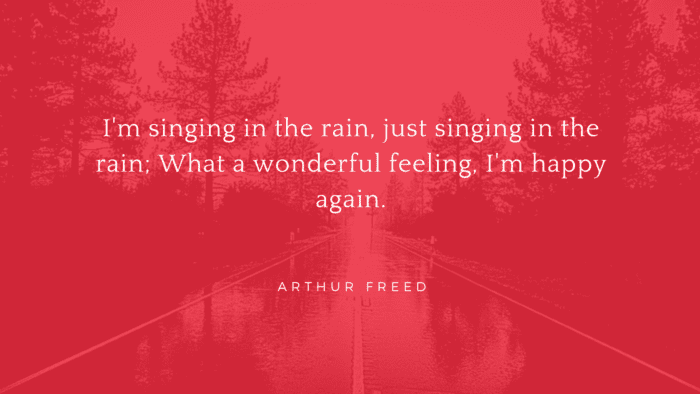 Im singing in the rain just singing in the rain What a wonderful feeling Im happy again. - 29 Rain Quotes to Lift Your Happiness, Spirit, and Make You Happy or Laugh