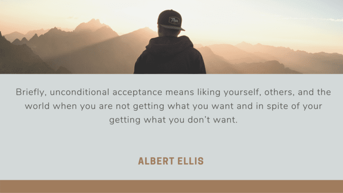 Briefly unconditional acceptance means liking yourself others and the world when you are not getting what you want and in spite of your getting what you dont want. - 26 Quotes About Accepting Reality and Moving On