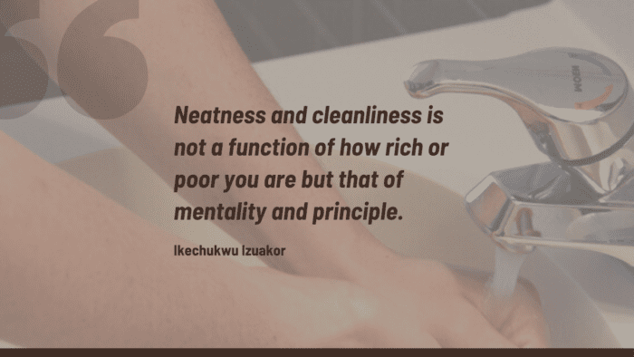 Neatness and cleanliness is not a function of how rich or poor you are but that of mentality and principle. - 30 Cleanliness Quotes to Inspire You to Start Hygiene Life